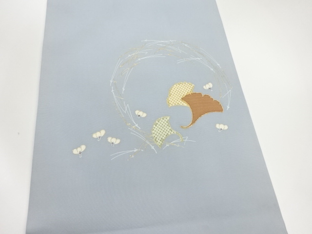 塩瀬金彩金駒刺繍銀杏に松葉・梅模様開き名古屋帯(額縁仕立て 塩瀬金彩金駒刺繍銀杏に松葉・梅模様開き名古屋帯(額縁仕立て